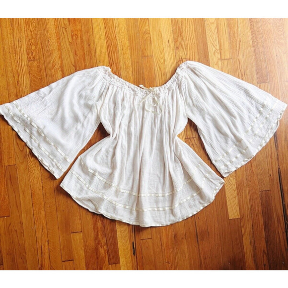 Vintage Tops - Vintage Mexican Gauze Blouse Angel Sleeves Crochet Ribbons One Size 1970's
